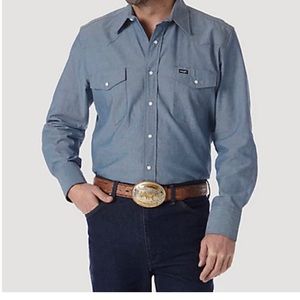 Wrangler Long sleeve twill solid snap chambray blue western work shirt